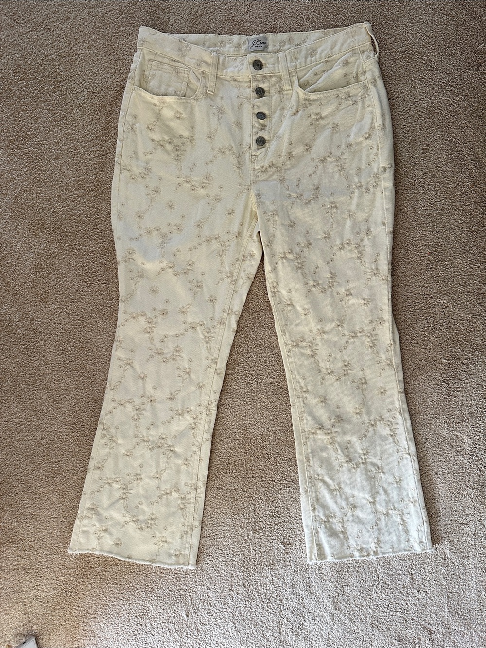 J.Crew Billie Demi Boot Crop Embroidered Floral Jeans Ivory Cream Size 29